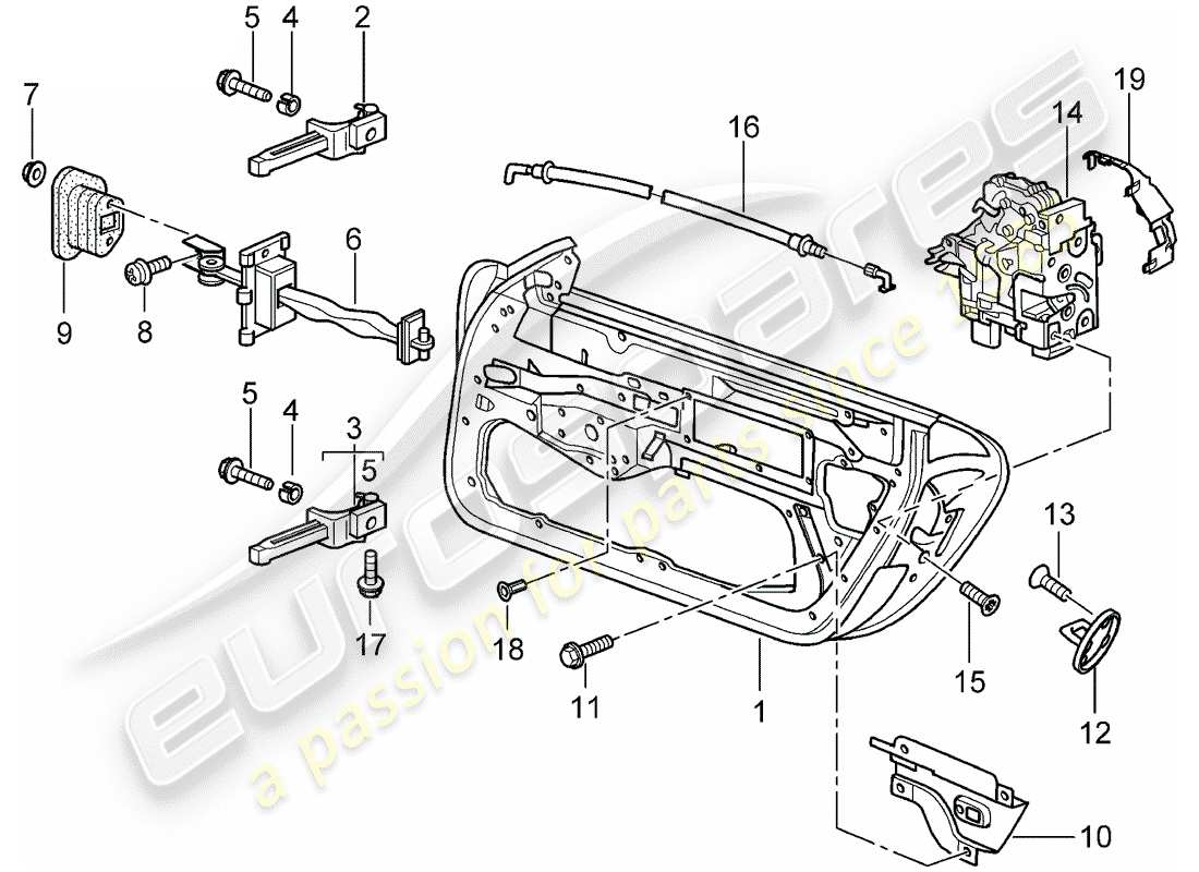 porsche 2004 (996 gt3) door shell - door latch parts diagram