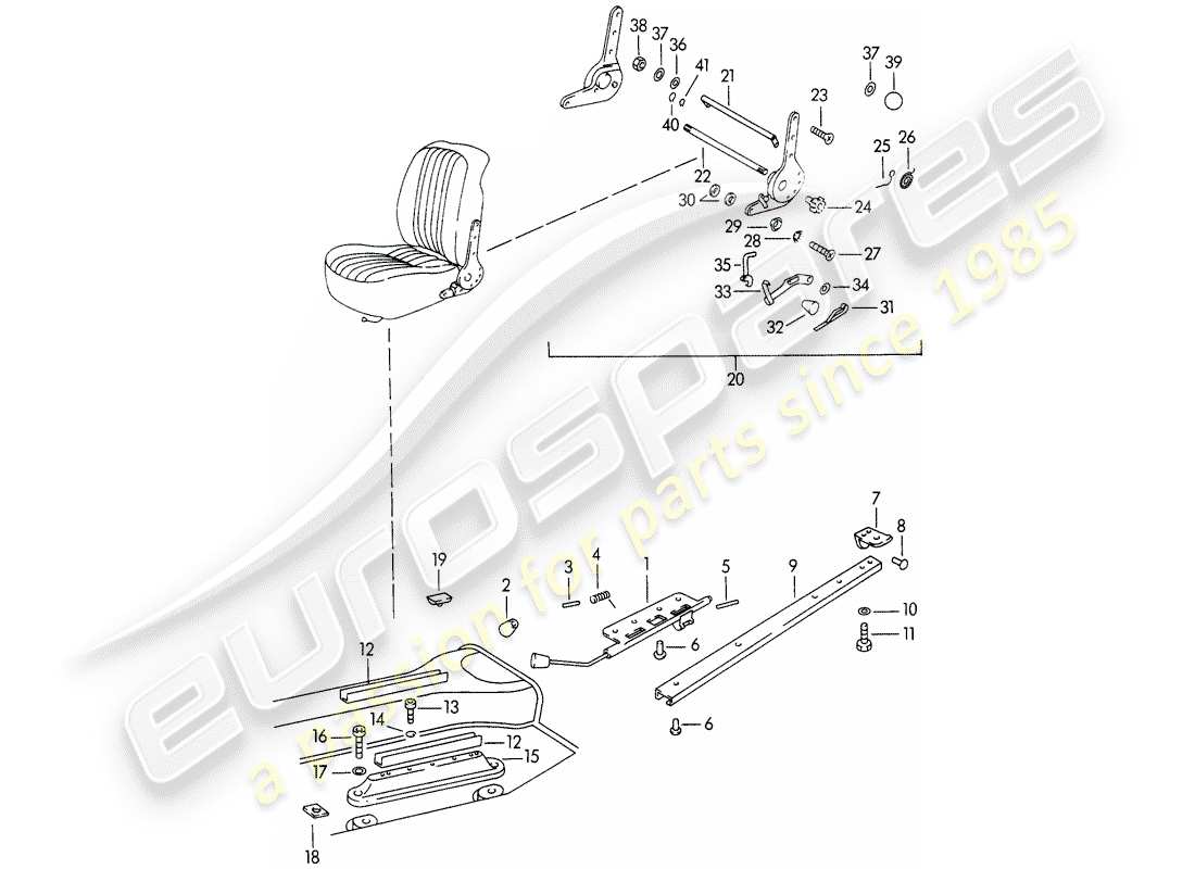 porsche 1963 (356b/356c) seat rail - and - reclining seat mechanism part diagram