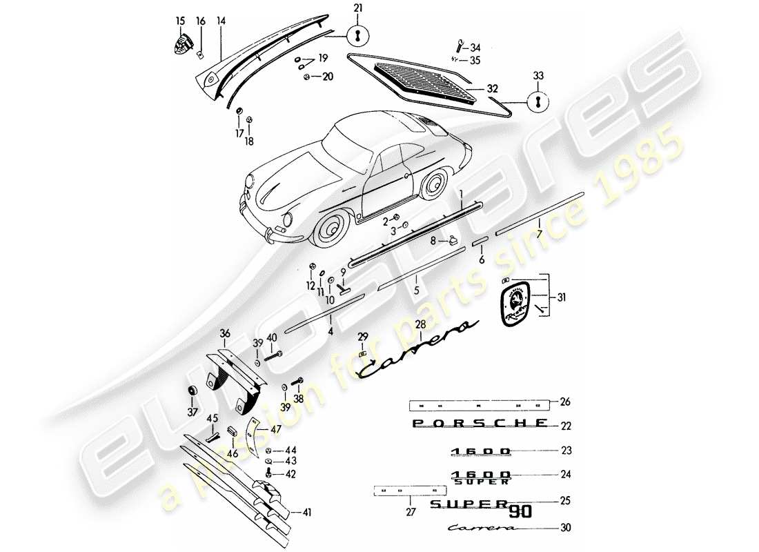 porsche 1961 (356b/356c) decorative fittings parts diagram