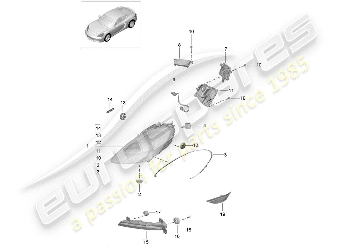 porsche 2019 (718 cayman) headlamp part diagram