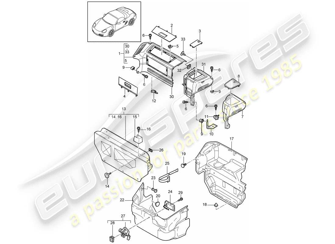 porsche boxster 987 (2009) luggage compartment part diagram