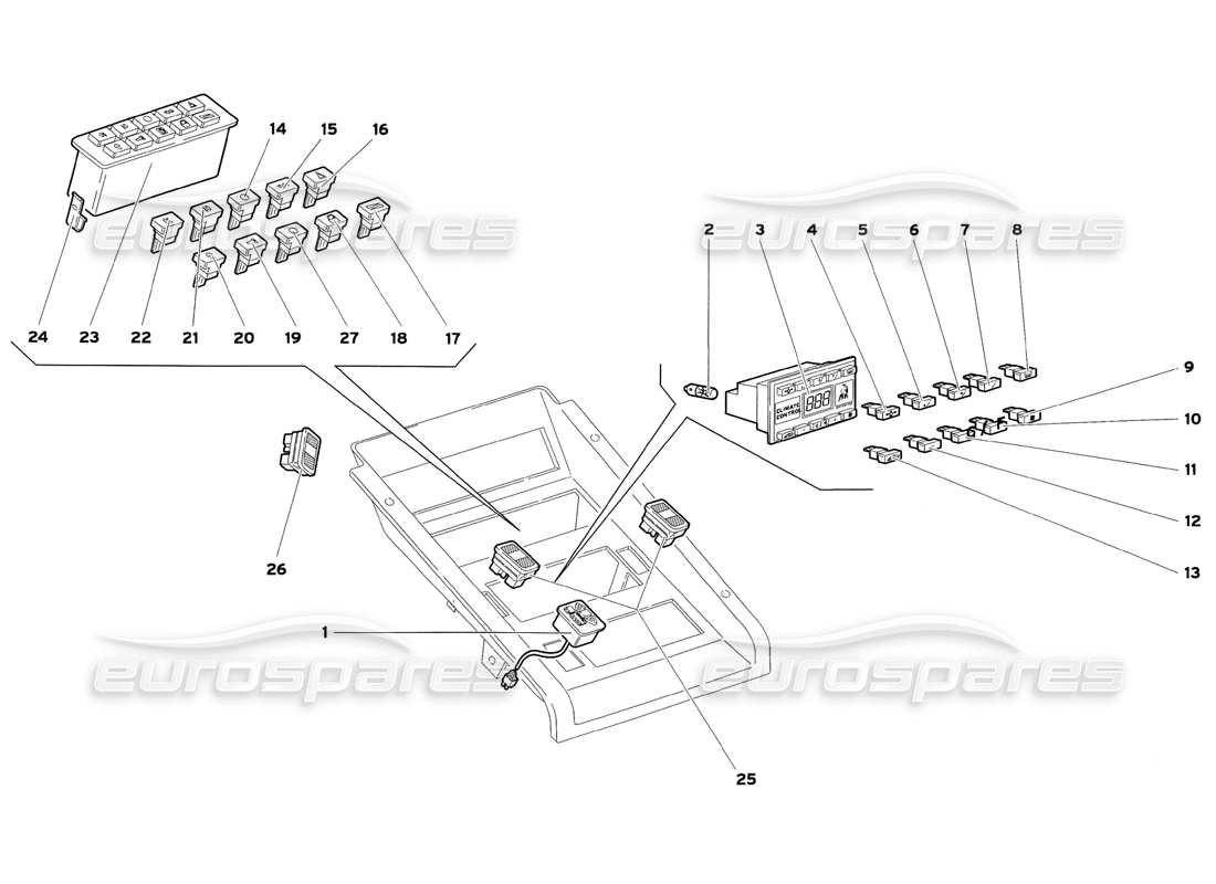 lamborghini diablo sv (1999) tunnel panel instruments parts diagram