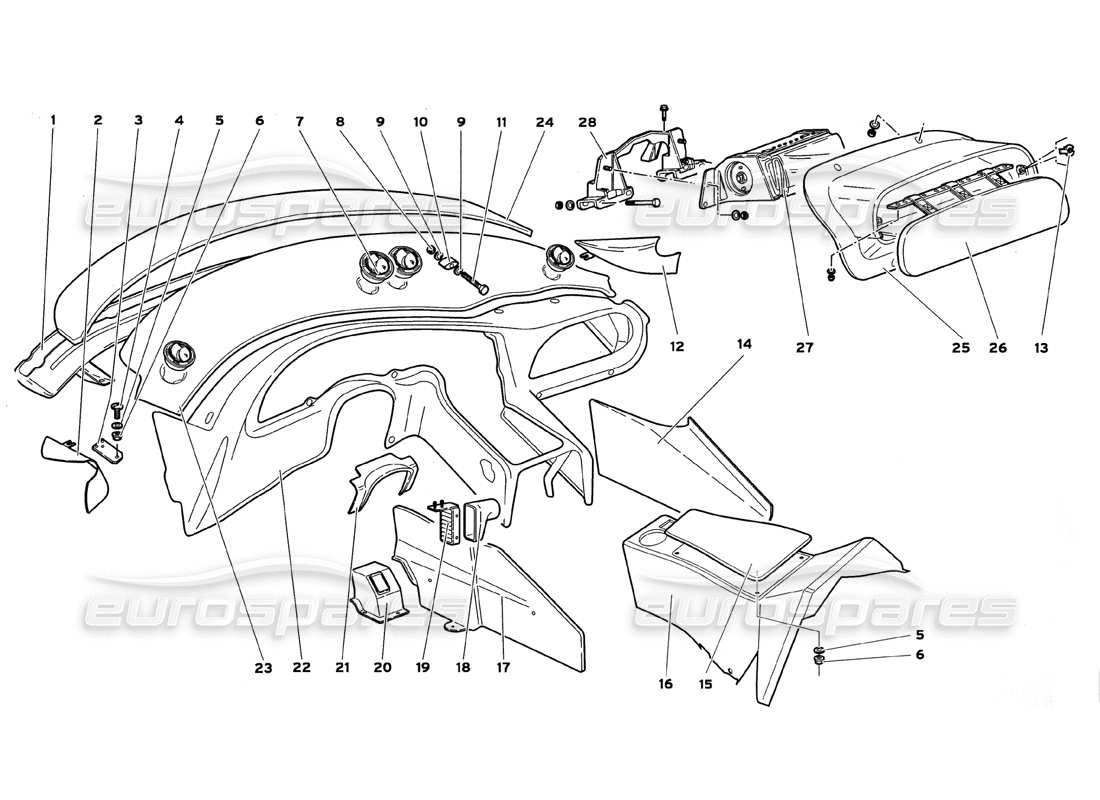 lamborghini diablo gt (1999) passenger compartment interior panels with air bag parts diagram