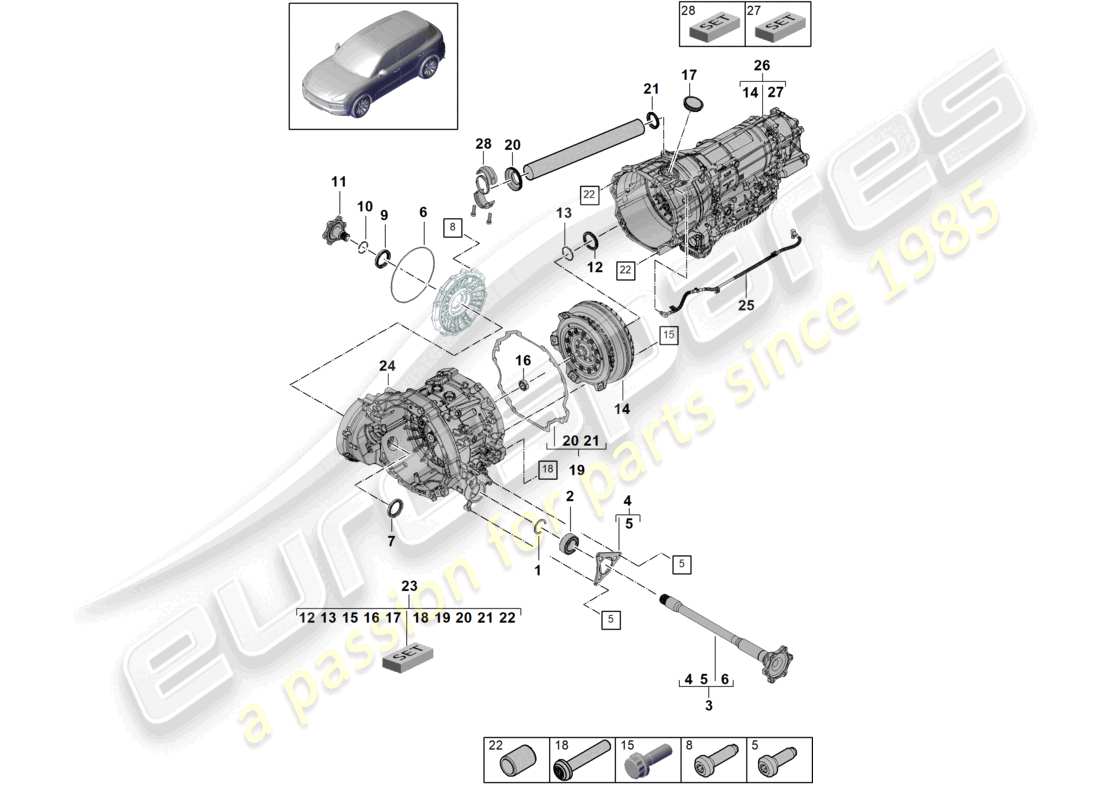 porsche 2018 (cayenne e3 9ya/9yb) 8-speed automatic gearbox for vehicles with hybrid drive flanged shaft converter part diagram