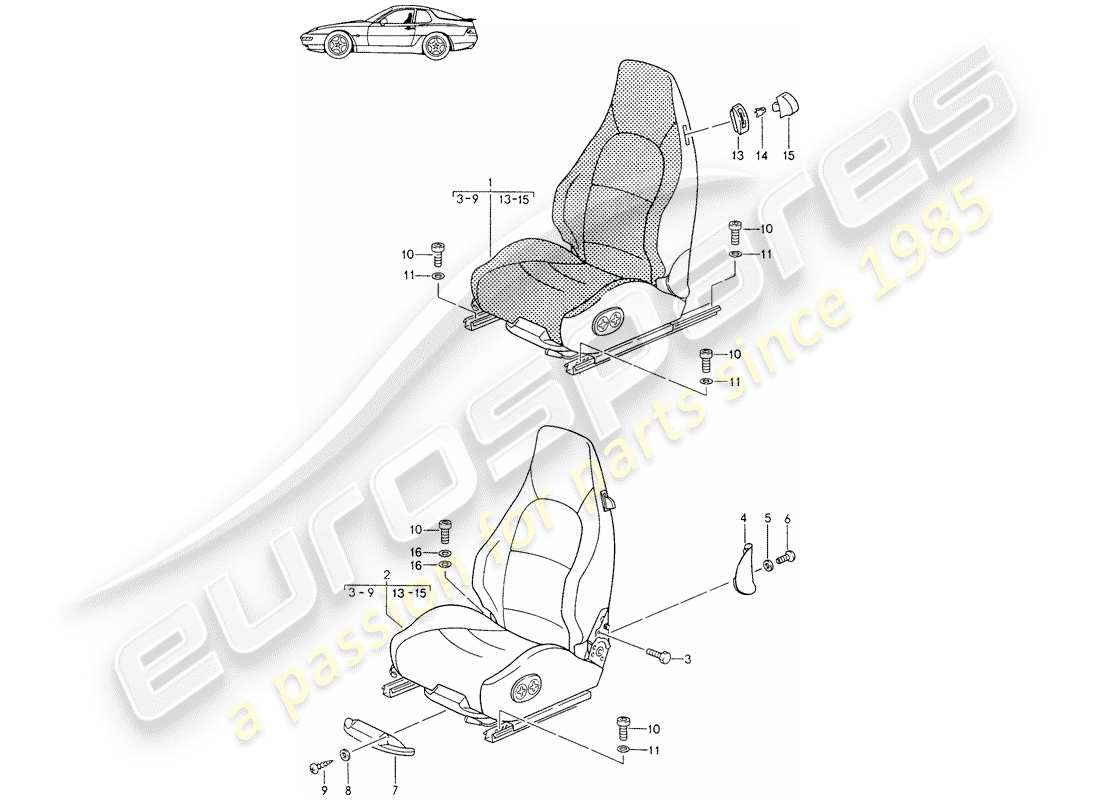 a part diagram from the porsche 1990 (seats for 944/968/911/928) parts catalogue