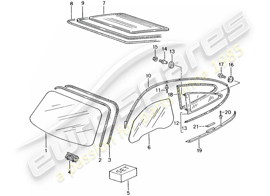 porsche 2003 (996 turbo / gt2) window glasses part diagram