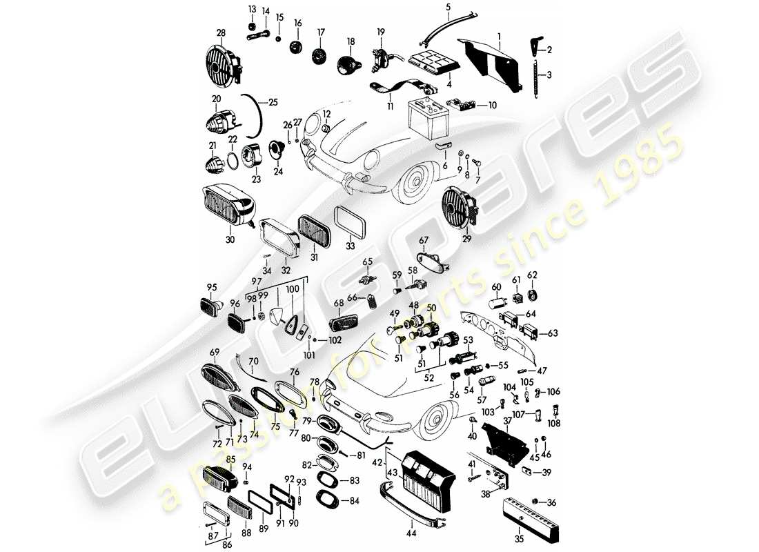 porsche 1962 (356b/356c) headlamp - and - switch - battery part diagram