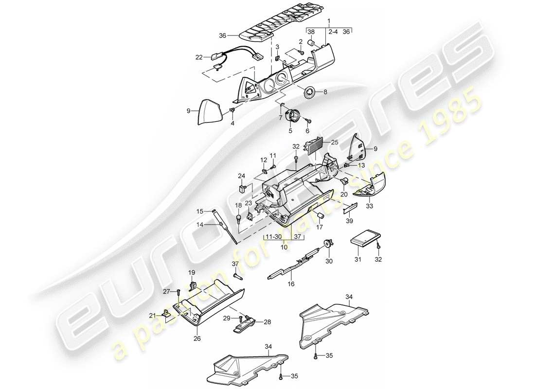 porsche 2008 (987 cayman) glove box part diagram