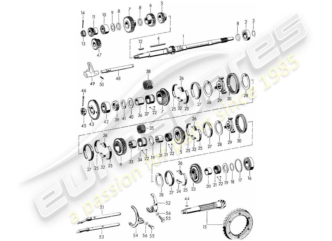 porsche 1954 (356/356a) gears and shafts - for - transmission part diagram