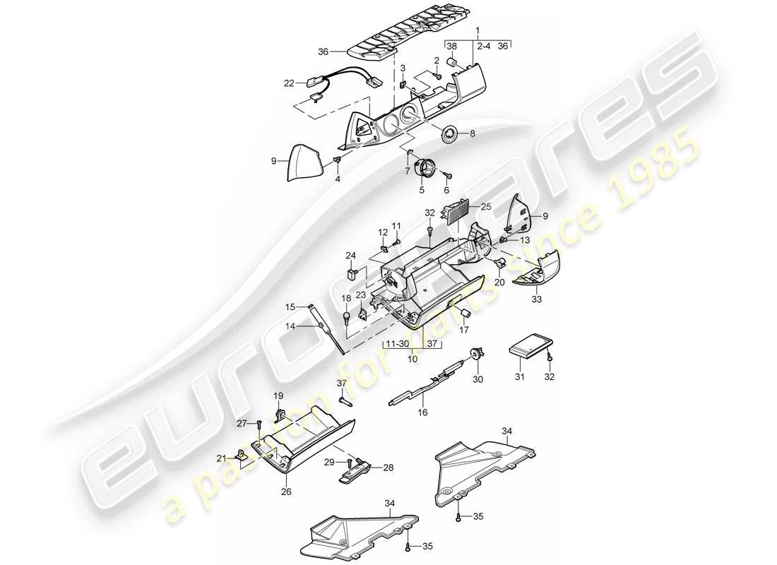 porsche 2007 (997-1 gt3) glove box part diagram