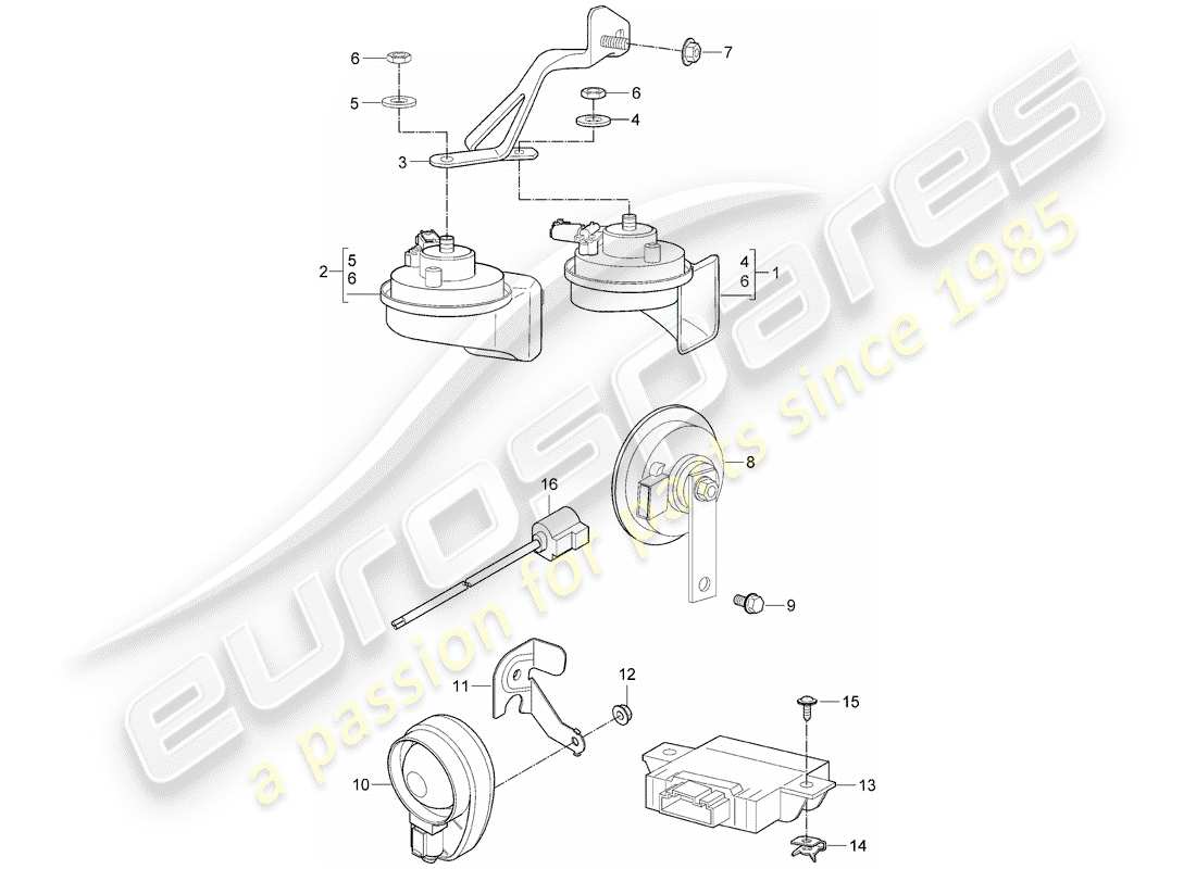 porsche 2013 (997-2 turbo / gt2 rs) fanfare horn parts diagram