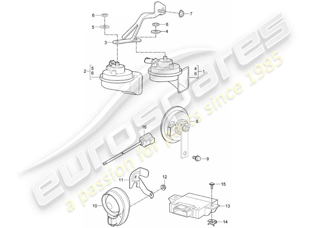 porsche 911 t/gt2rs (2013) fanfare horn parts diagram