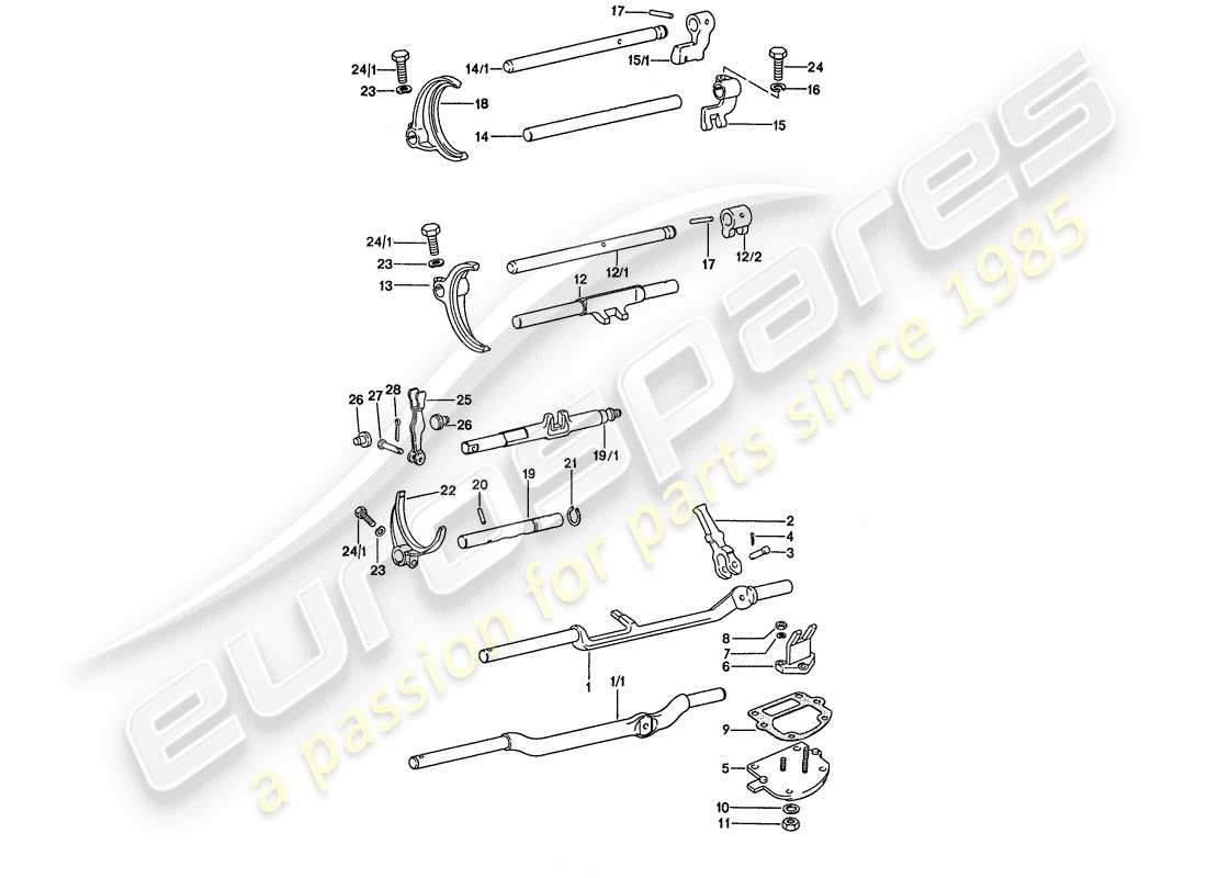 porsche 1975 (911) shift rods - shift forks part diagram