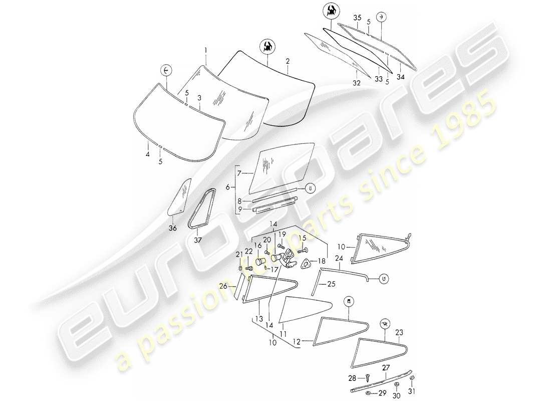 porsche 1971 (911) window glazing part diagram
