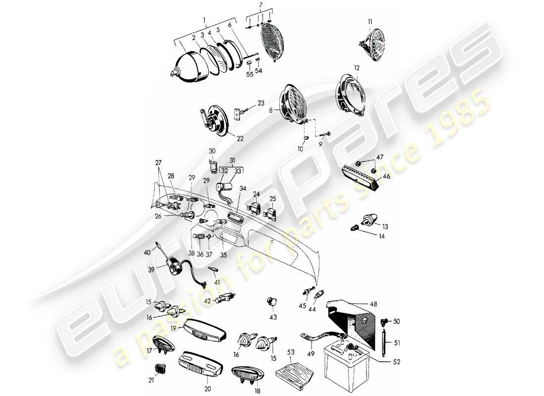 porsche 1954 (356/356a) headlamp - lights - and - switch - battery part diagram
