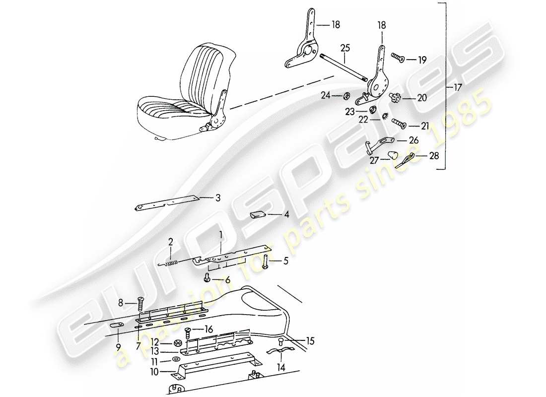 porsche 356b/356c (1964) seat rail - seat rail support - and - reclining seat mechanism parts diagram