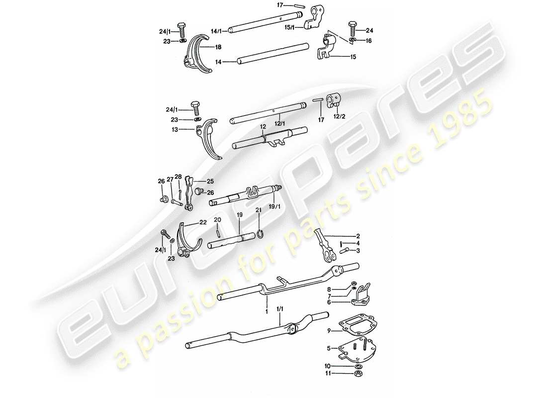 porsche 911 (1974) shift rods - shift forks parts diagram