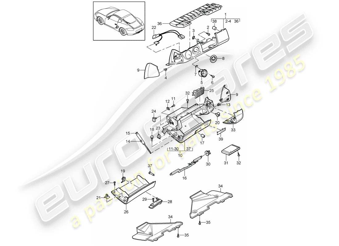 porsche 2012 (987 cayman) glove box part diagram