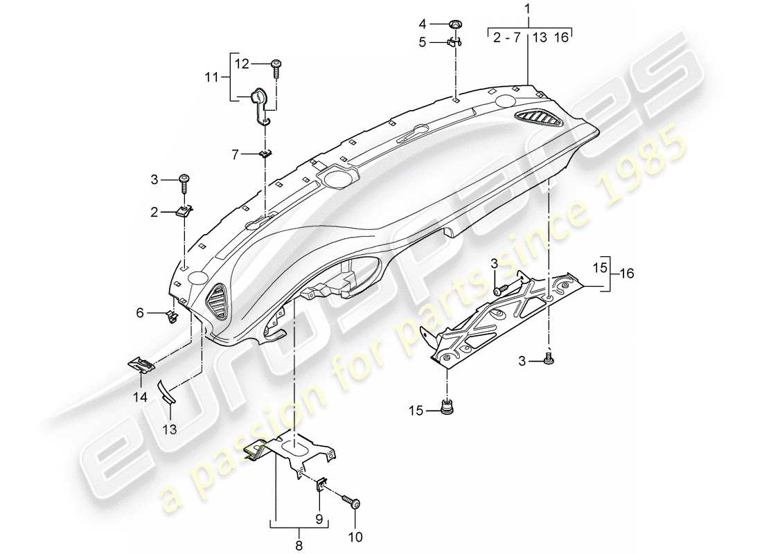 porsche 2008 (997-1 gt3) dash panel trim part diagram