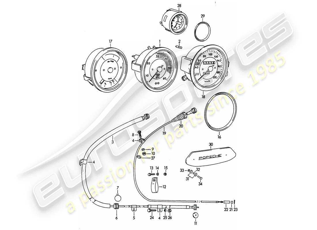 porsche 1962 (356b/356c) instruments - mechanical parts diagram