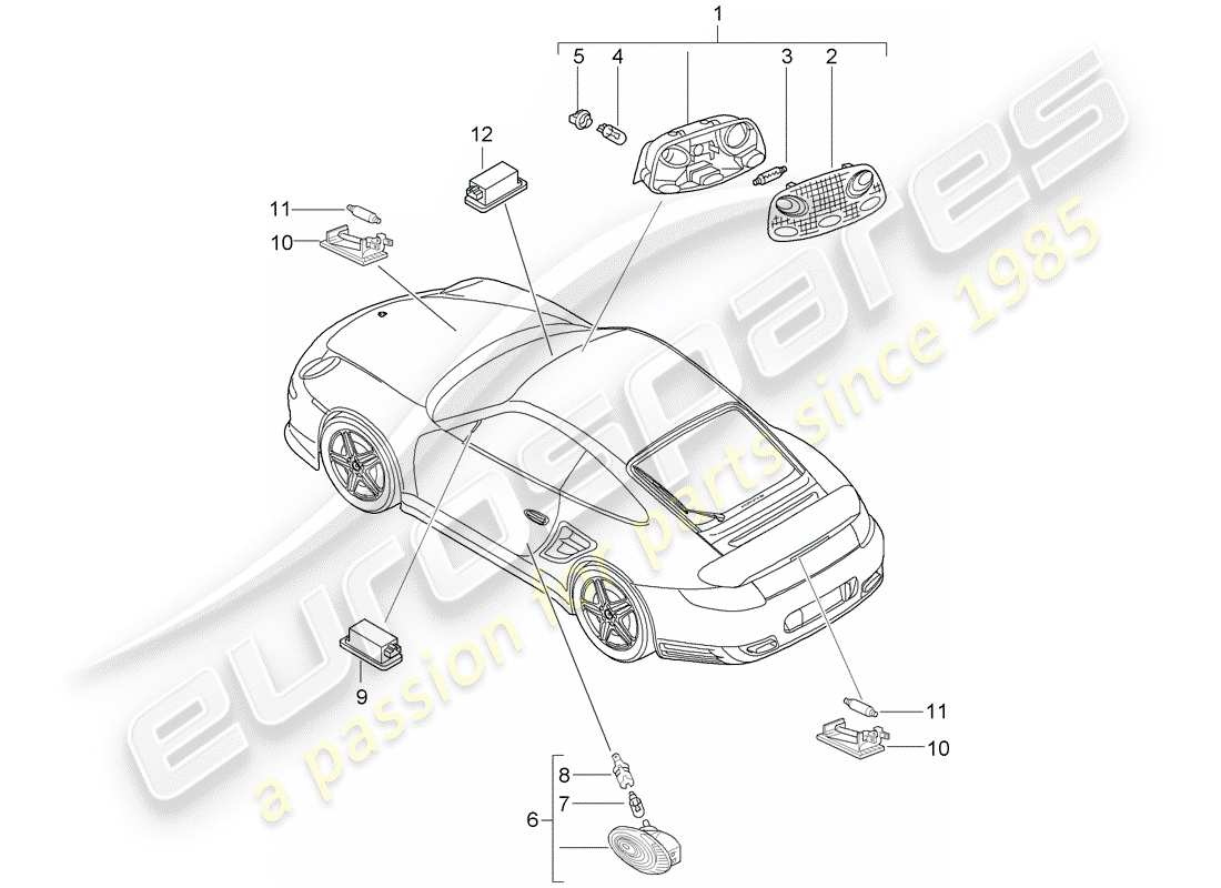 porsche 2008 (997-1 turbo / gt2) interior lights parts diagram