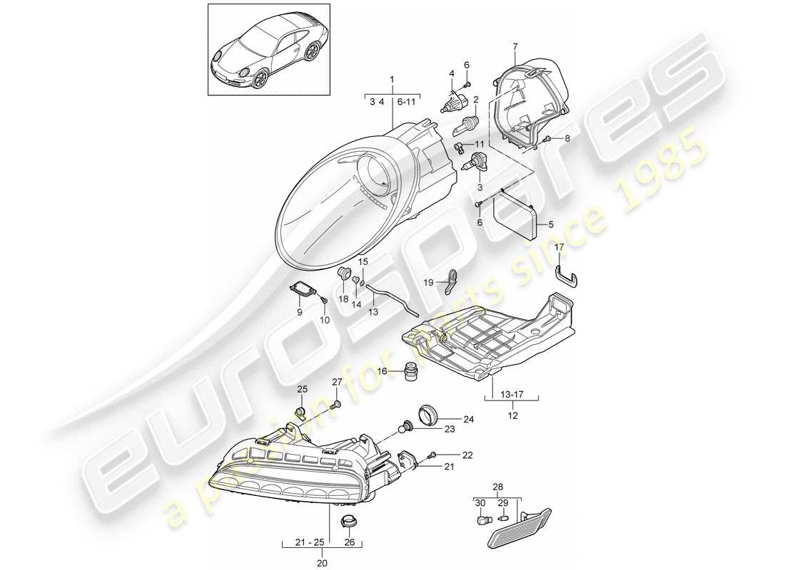 porsche 2010 (997-2) headlamp part diagram