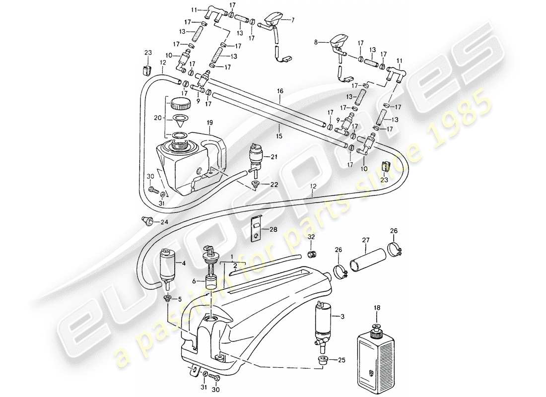 porsche 1993 (964) windshield washer unit parts diagram
