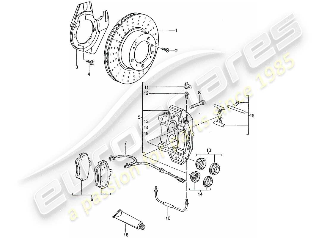 porsche 2005 (996 gt3) disc brakes - front axle parts diagram