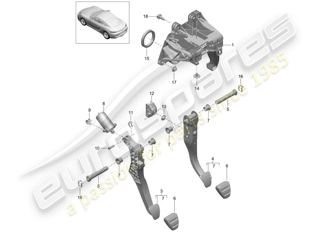 porsche 718 cayman (2020) brake and acc. pedal assembly parts diagram
