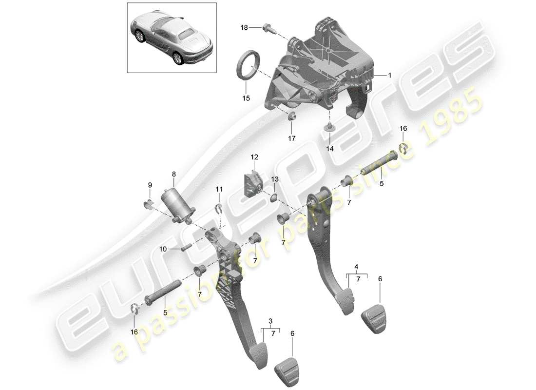 porsche 718 boxster (2020) brake and acc. pedal assembly parts diagram