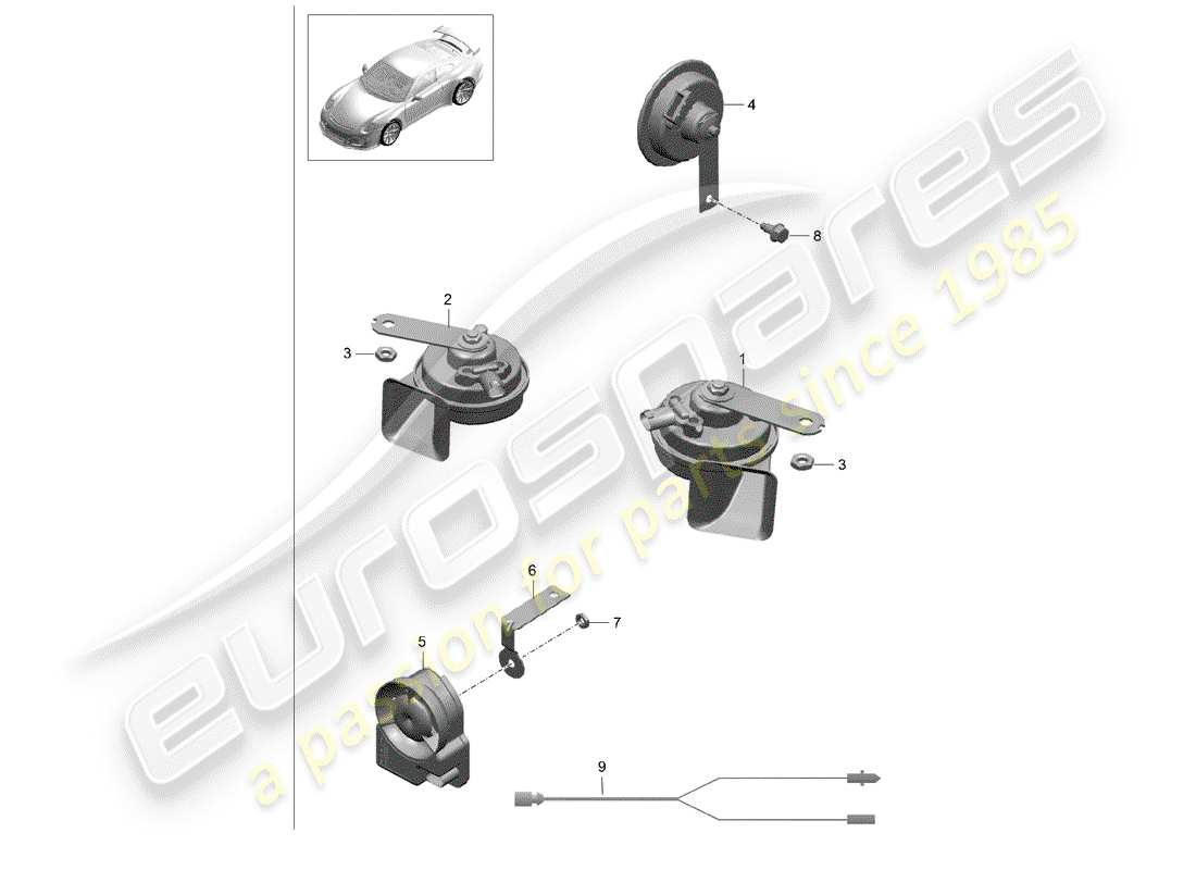 porsche 991r/gt3/rs (2015) fanfare horn parts diagram
