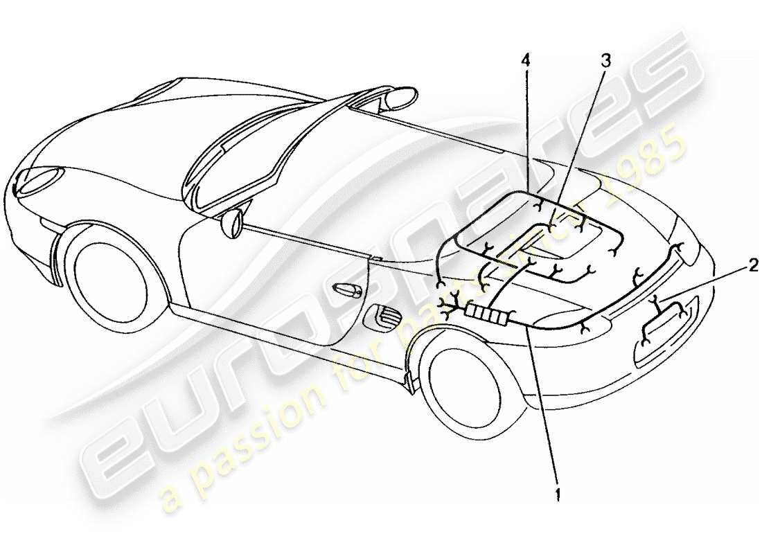 porsche 1998 (986 boxster) wiring harnesses - rear end - license plate light - additional brake light - engine - repair kit - anti-locking brake syst. -abs- - brake pad wear indicator - rear axle part diagram