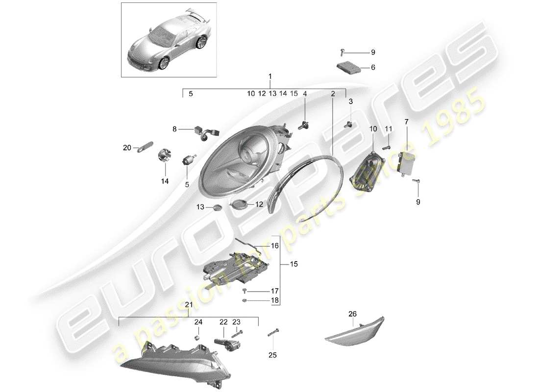 porsche 2018 (991-2 r/gt3/rs) headlamp part diagram