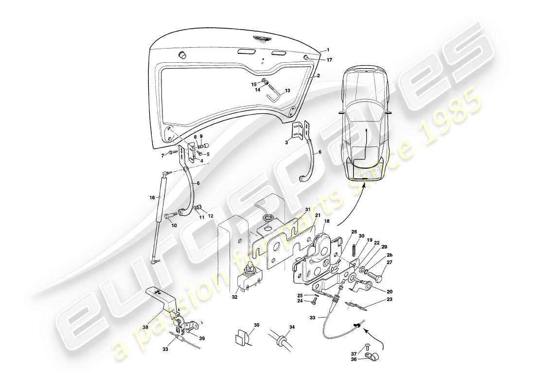 aston martin v8 coupe (1999) trunk lid, to vin v79079excl v79074 part diagram