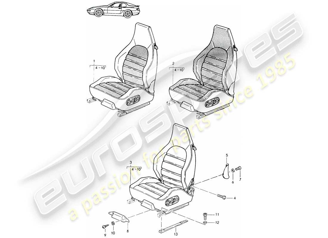 a part diagram from the porsche 1985 (seats for 944/968/911/928) parts catalogue