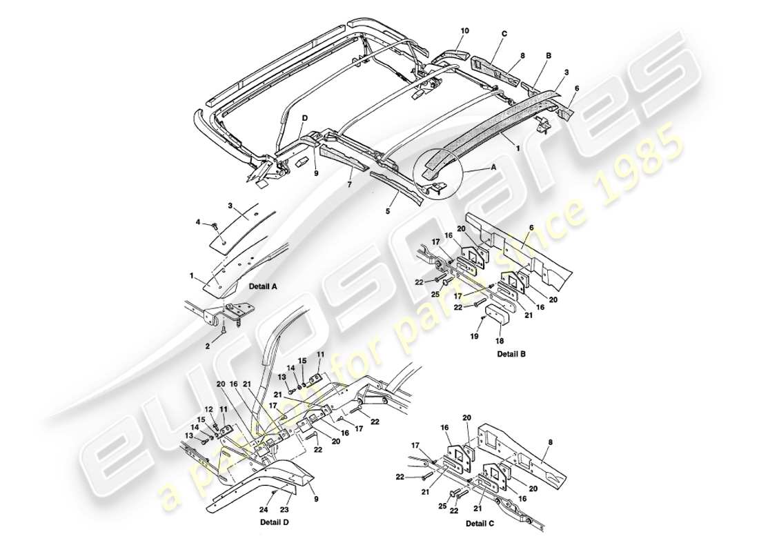 aston martin v8 volante (1997) hood frame woods part diagram