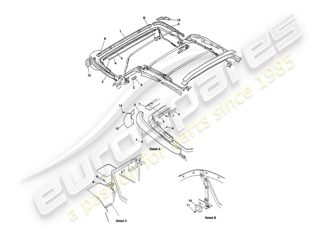 aston martin v8 volante (1997) hood frame woods part diagram
