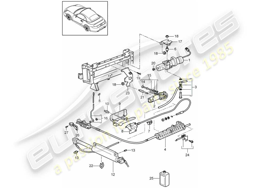 porsche 997 t/gt2 (2008) convertible top part diagram