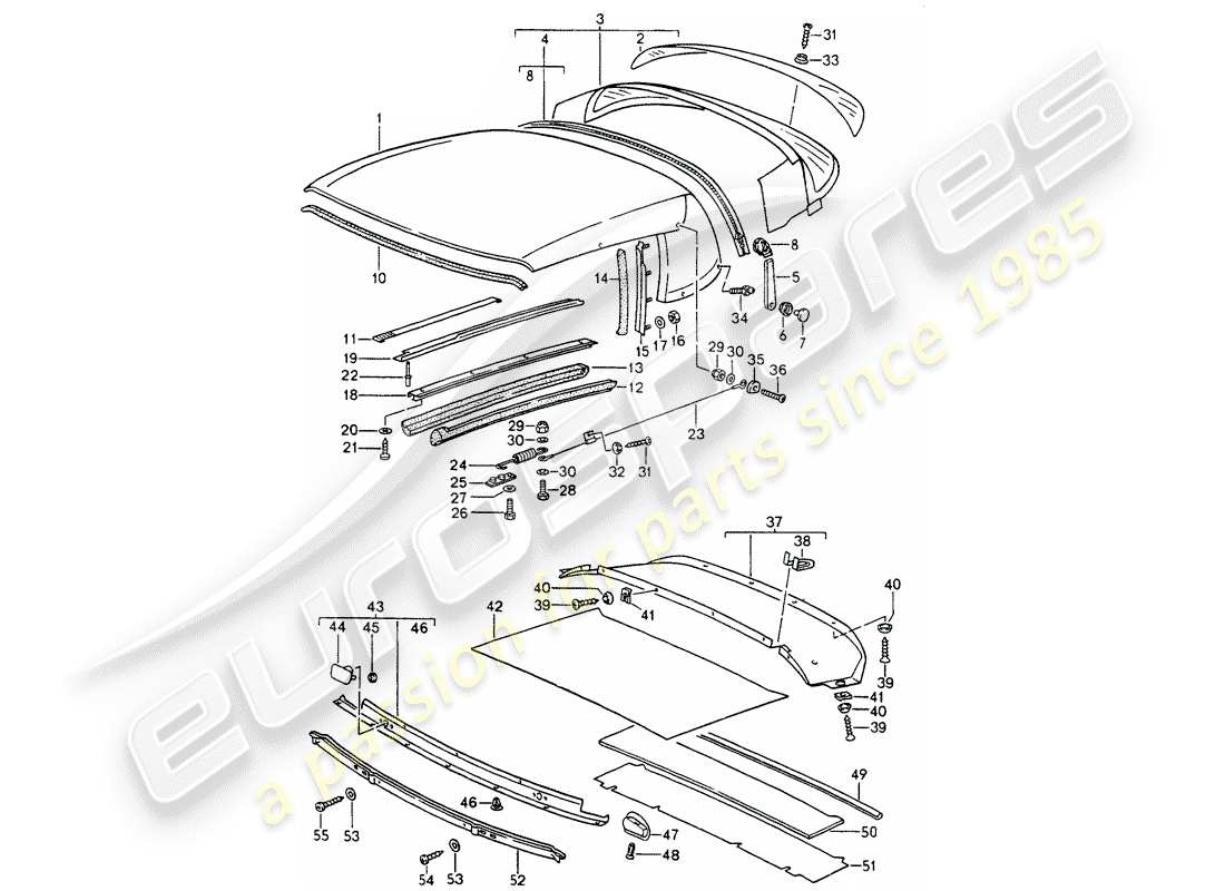 porsche 964 (1992) convertible top covering - seal strip - single parts part diagram