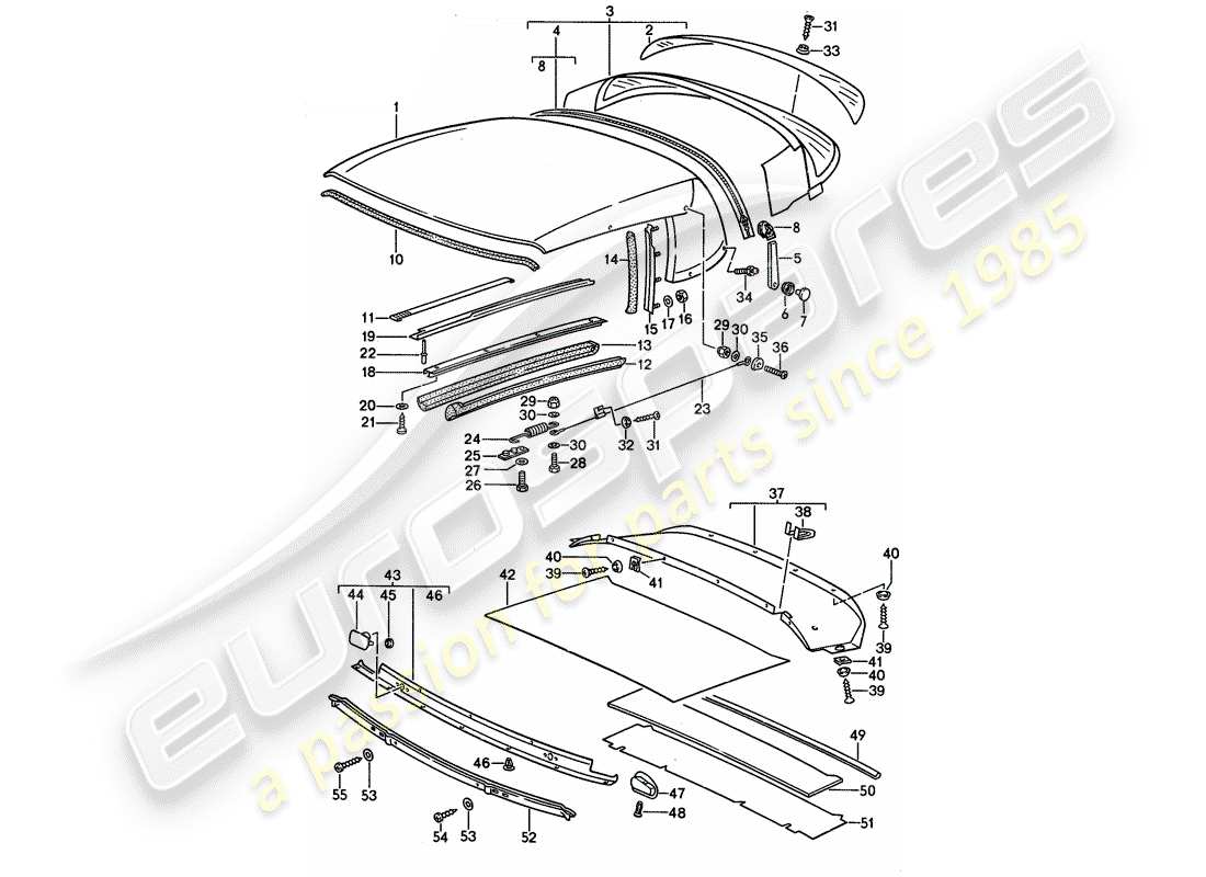 porsche 1989 (911) convertible top covering - seal strip - single parts part diagram