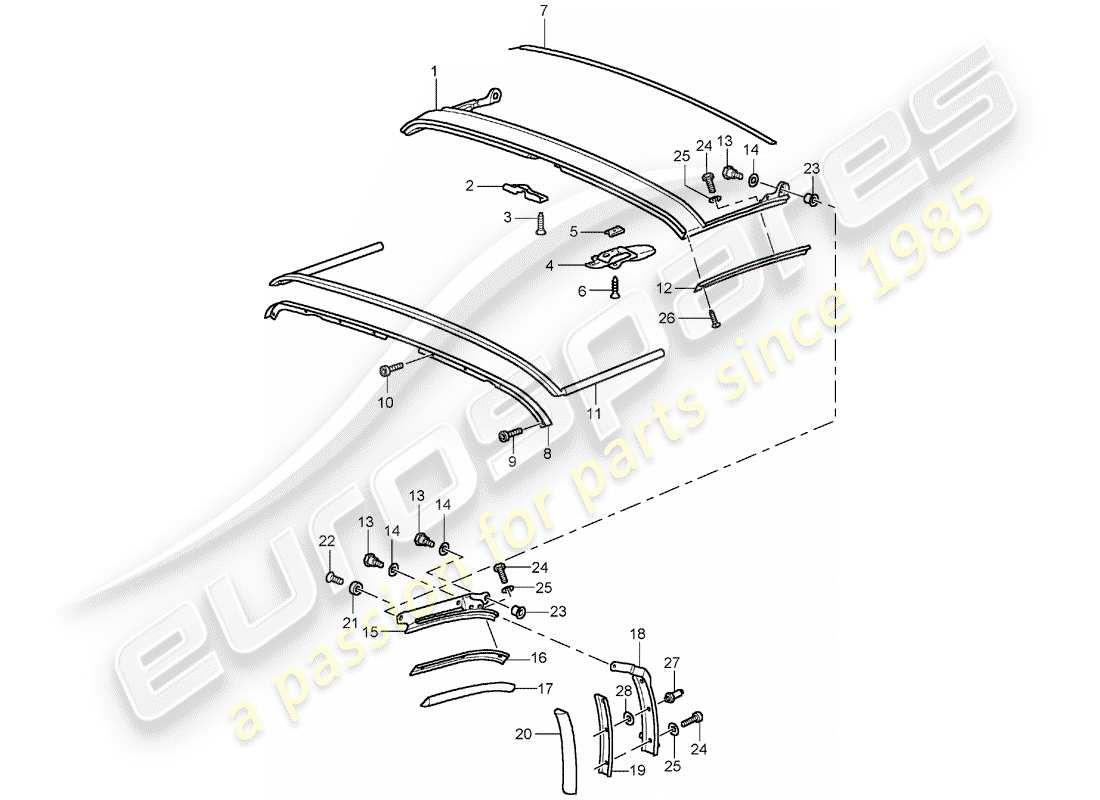 porsche 1990 (964) folding top - seal strip - roof frame part diagram