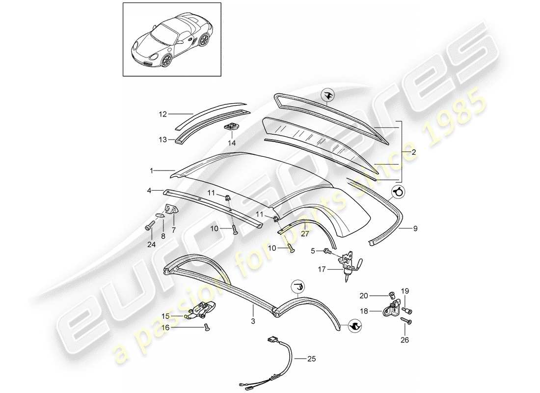 porsche 2007 (987 boxster) hardtop part diagram
