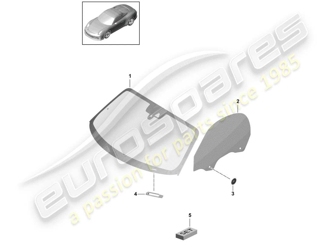 porsche 991r/gt3/rs (2014) windshield glass parts diagram