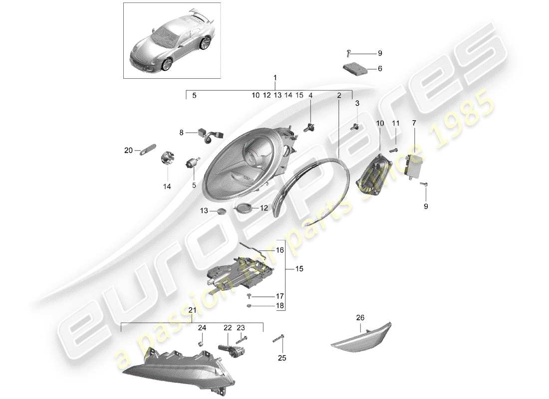 porsche 991r/gt3/rs (2015) headlamp parts diagram