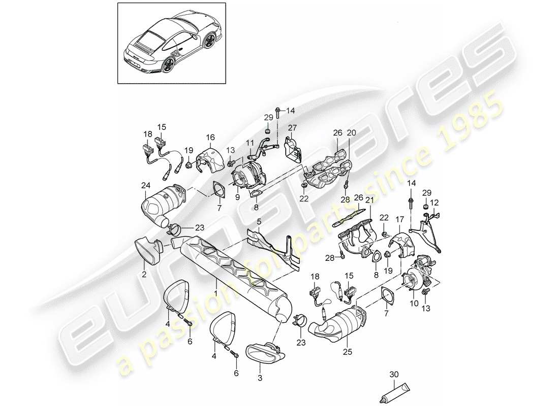 porsche 911 t/gt2rs (2011) exhaust system part diagram