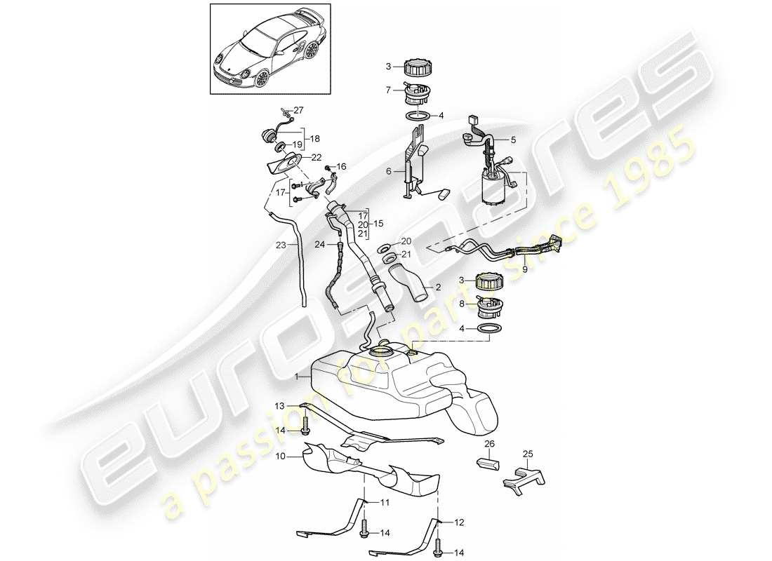 porsche 2012 (997-2 turbo / gt2 rs) fuel tank part diagram