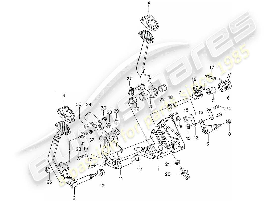 porsche 1990 (964) pedals - manual gearbox parts diagram