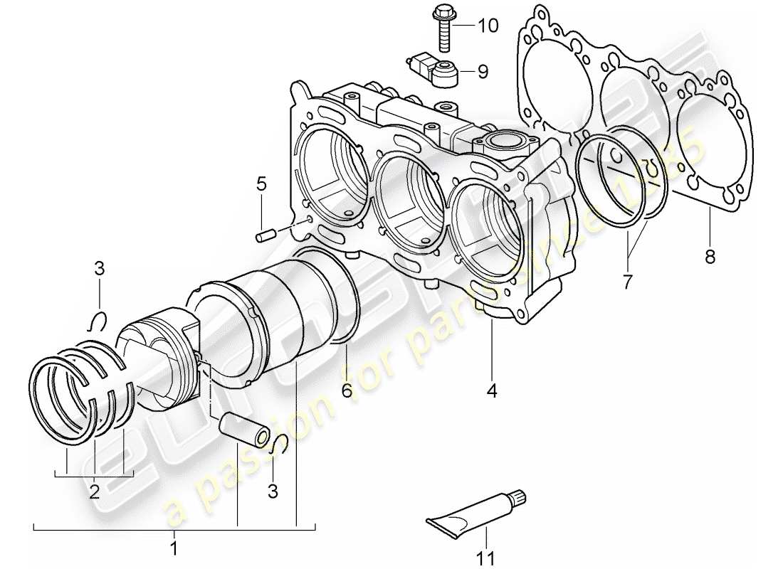 porsche 2011 (997-2 gt3) cylinder with pistons parts diagram