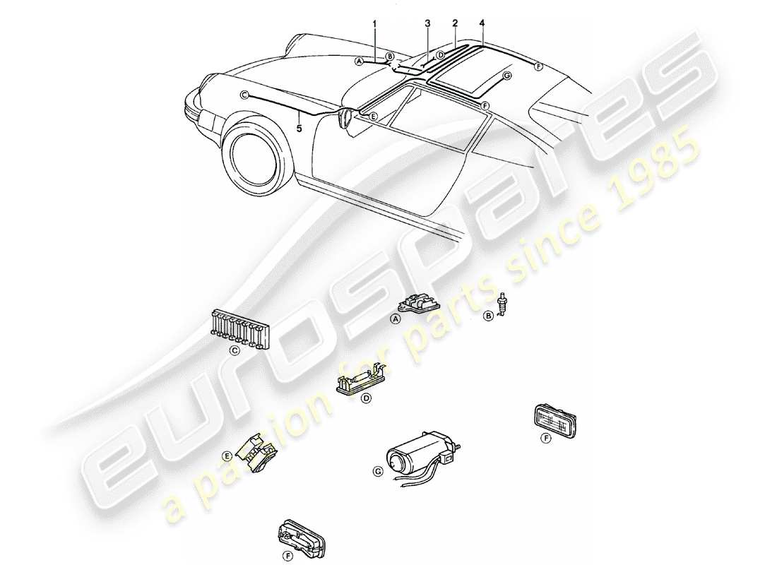 porsche 911 (1983) wiring harnesses - front luggage compartment - interior lights - sunroof part diagram