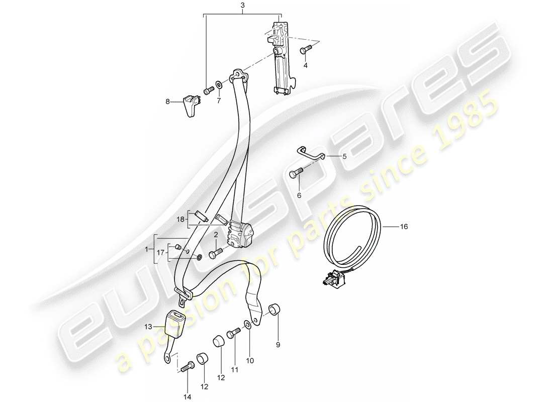 porsche 2008 (997-1 turbo / gt2) seat belt parts diagram
